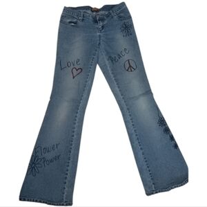 Forever 21~Retro Y2K 70s Low Rise Wide Leg Boho Graphic Jeans (Juniors 5)